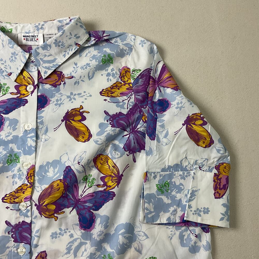 MainStreet Blue Womens Plus Size 2X Collared Button Up Butterfly Dress Shirt - Picture 3 of 9